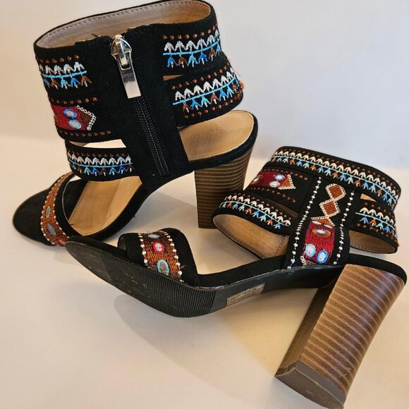 Embroidered open toe bohemian stacked heel sandals S6 - Picture 2 of 6